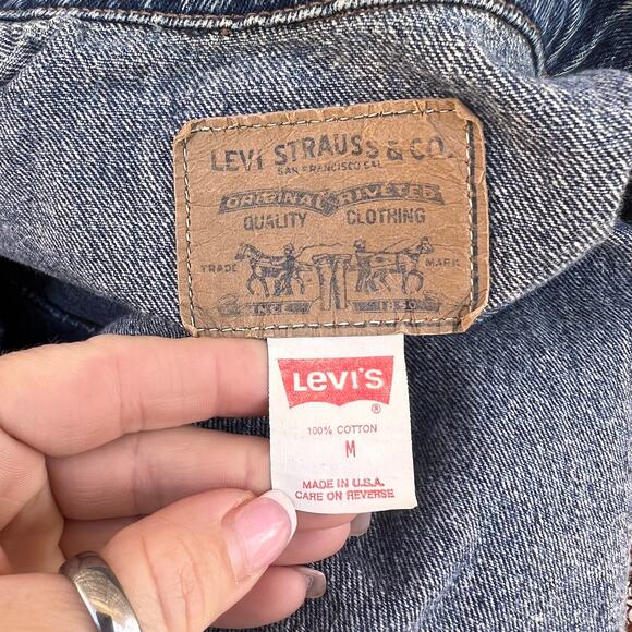 Vintage 80s Levi's 77933 Crop Trucker Jacket Orange Tan Tab Jean Denim MEDIUM - Picture 4 of 5